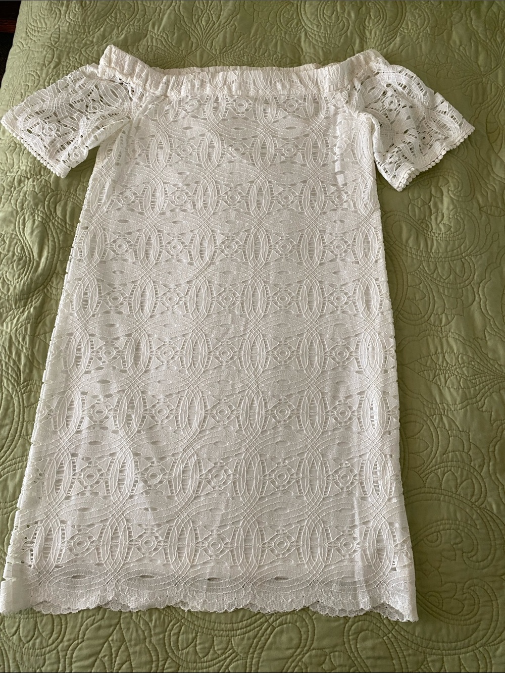 In excellent condition Chico's White of Shoulder Lace Dress with lining.